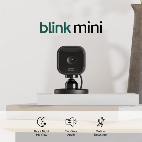 Blink Mini - Compact indoor plug-in smart security camera, 1080p HD video, night vision, motion detection, two-way audio, easy set up, Works with Alexa – 2 cameras (Black) - Image 2