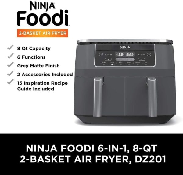 Ninja DZ201 Foodi 8 Quart 6-in-1 DualZone 2-Basket Air Fryer with 2 Independent Frying Baskets, Match Cook & Smart Finish to Roast, Broil, Dehydrate & More for Quick, Easy Meals, Grey - Image 10