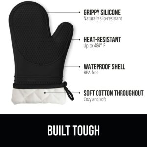 Gorilla Grip BPA-Free Soft Silicone Oven Mitts, Heat and Slip Resistant Thick Cotton Lined Cooking Mitt Set, Long Flexible Potholders Protect Hands, Kitchen Essential Waterproof Gloves, 12.5″ Black