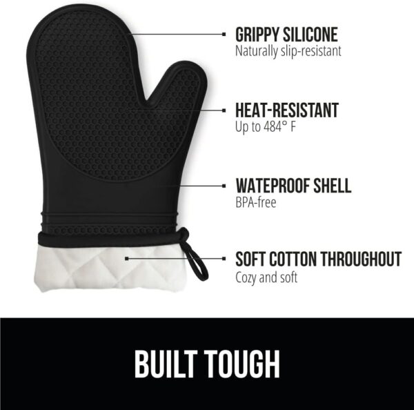 Gorilla Grip BPA-Free Soft Silicone Oven Mitts, Heat and Slip Resistant Thick Cotton Lined Cooking Mitt Set, Long Flexible Potholders Protect Hands, Kitchen Essential Waterproof Gloves, 12.5" Black