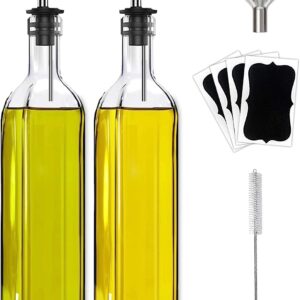 Olive Oil Dispenser Bottle, 2 Pcs Glass Olive Oil Dispenser and Vinegar Dispenser Set with 2 Stainless Steel Pourers, 4 Labels,1 Brush and 1 Funnel Oil Bottles for Kitchen (500ml)