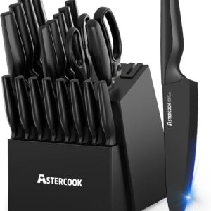 Knife Set, Astercook 21 Pieces Knife Sets for Kitchen with Block, Dishwasher Safe Kitchen Knife Set with Built-in Sharpener, German Stainless Steel Black Knife Block Set