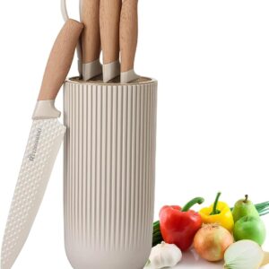 Kitchen Knife Set, Retrosohoo 6-Pieces Khaki Sharp Knife Set for Kitchen, Non-stick Non-slip Stainless Steel Chef Knife Set with Universal Knife Block Suitable for Home Restaurant (Khaki)