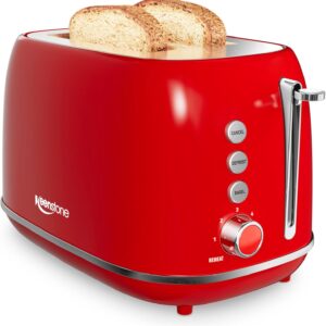 2 Slice Stainless Steel Toaster Retro with 6 Bread Shade Settings, Bagel, Cancel, Defrost Function, Extra Wide Slot, Removable Crumb Tray, Red