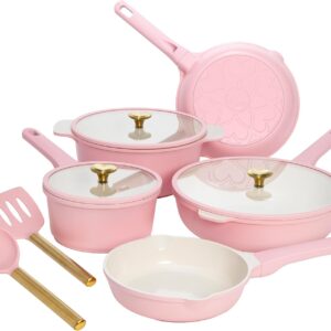 Paris Hilton Ceramic Nonstick Cookware Set, Cast Aluminum with Dual Layer Nonstick Coating, Gold Heart Knobs, Stay-Cool Handles, Made without PFAS, PFOA, PFOS & PTFE, Dishwasher Safe, 10-Piece, Pink