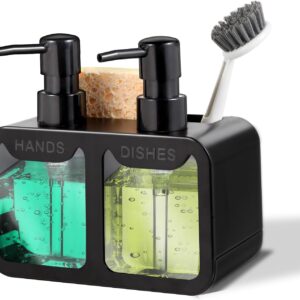 Kitchen Soap Dispenser Set, with Hand and Dish Soap, Sponge Caddy and Brush Holder 4-in-1 Kitchen Dual Soap Dispenser Set for Kitchen Sink, Bathroom – Black