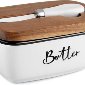 Butter Dish with Lid and Knife for Countertop, Airtight Butter Keeper for Counter or Fridge, Ceramic Butter Container with Thick Acacia Wood Lid, for Farmhouse Kitchen Decor and Accessories, White