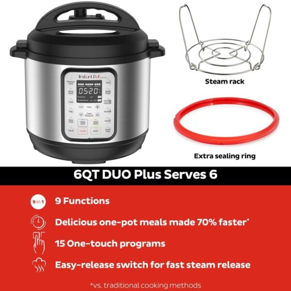 Instant Pot Duo Plus 9-in-1 Electric Pressure Cooker, Slow Cooker, Rice Cooker, Steamer, Sauté, Yogurt Maker, Warmer & Sterilizer, Includes App With Over 800 Recipes, Stainless Steel, 6 Quart - Image 3