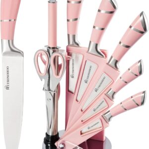 Kitchen Knife Set, Retrosohoo 9-Pieces Pink Sharp Non-Stick Coated Chef Knives Block Set,Stainless Steel Knife Set for Kitchen with Sharpener for Cutting Slicing Dicing Chopping (Pink)