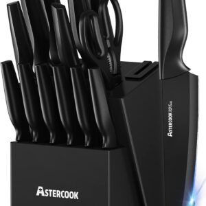 Astercook Knife Set, Kitchen Knife Set with Built-in Sharpener Block, Dishwasher Safe, 15 Pieces German Stainless Steel Knife Block Set, Black