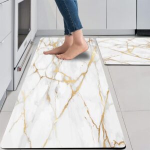 Mrcrypos Gold White Kitchen Rugs Cushioned Anti Fatigue 2 PCS Marble Kitchen Mats PVC Non Slip Waterproof Kitchen Mats for Floor Sink Laundry Office