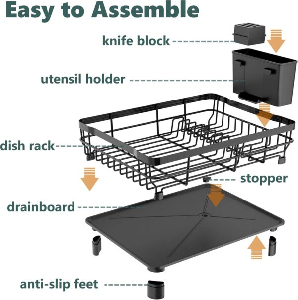 Iron Dish Drying Rack with Drainboard Dish Drainers for Kitchen Counter Sink Adjustable Spout Dish Strainers with Utensil Holder and Knife Slots, Black - Image 5