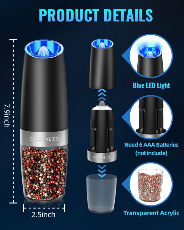 Sweet Alice Gravity Electric Pepper and Salt Grinder Set, Adjustable Coarseness, Battery Powered with LED Light, One Hand Automatic Operation, Stainless Steel Black, 2 Pack - Image 6