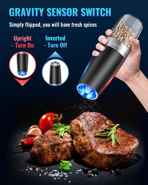 Sweet Alice Gravity Electric Pepper and Salt Grinder Set, Adjustable Coarseness, Battery Powered with LED Light, One Hand Automatic Operation, Stainless Steel Black, 2 Pack - Image 3