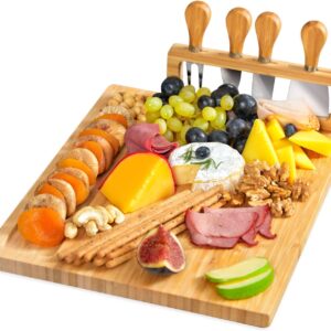 RoyalHouse Unique Bamboo Cheese Board and Knife Set – Charcuterie Boards Set & Cheese Platter, Serving Tray for Crackers, Meat, and Wine – Anniversary, Wedding