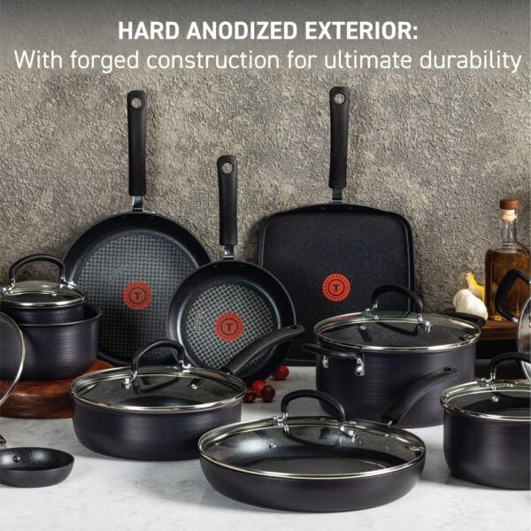 T-fal Ultimate Hard Anodized Nonstick Cookware Set 17 Piece, Oven Broiler Safe 400F, Lid Safe 350F, Kitchen Cooking Set w/ Fry Pans, Saucepans, Saute Pan, Griddle, Pots and Pans, Dishwasher Safe Black - Image 3