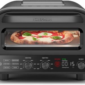 CHEFMAN Indoor Pizza Oven – Makes 12 Inch Pizzas in Minutes, Heats up to 800°F – Countertop Electric Pizza Maker with 5 Touchscreen Presets, Pizza Stone and Peel Included – Stainless Black