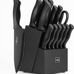 Knife Set, HUNTER.DUAL 15 Pcs Kitchen Knife Set with Block Self Sharpening, Dishwasher Safe, Anti-slip Handle, Black