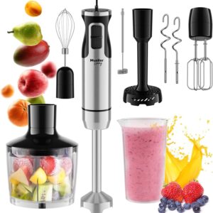 MuellerLiving Immersion Hand Blender Full Set – 8 Speed Immersion Blender, Hand Mixer with 7 Attachments: Stainless Steel Blade, Whisk, Milk Frother, Beater, Mixing Hooks, Potato Masher, Chopper Bowl