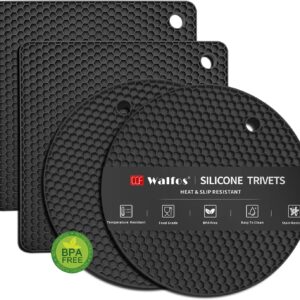 Walfos Silicone Trivet Mats – 4 Heat Resistant Pot Holders, Multipurpose Non-Slip Hot Pads for Kitchen Potholders, Hot Dishers, Jar Opener, Spoon Holder, Food Grade Silicone & BPA Free (Black)