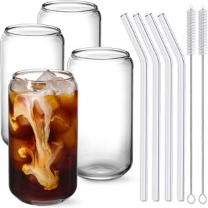 NETANY Drinking Glasses with Glass Straw 4pcs Set – 16oz Highball Glass Cups, Beer Glasses, Iced Coffee Glasses, Cute Tumbler Cup, Ideal for Whiskey, Soda, Tea, Water, Gift, 2 Brushes