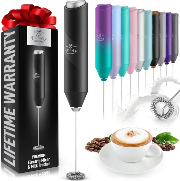 Zulay Kitchen Powerful Milk Frother Wand - Mini Milk Frother Handheld Stainless Steel - Battery Operated Drink Mixer for Coffee, Lattes, Cappuccino, Matcha - Froth Mate Milk Frother Gift - Black