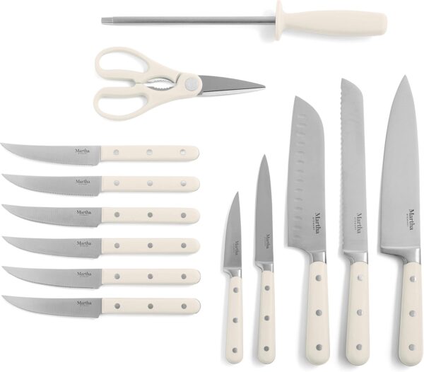 MARTHA STEWART Eastwalk 14 Piece High Carbon Stainless Steel Cutlery Kitchen Knife Block Set w/ABS Triple Riveted Forged Handle Acacia Wood Block - Linen White - Image 5