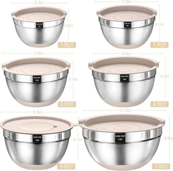 Mixing Bowls with Airtight Lids Set, 26PCS Stainless Steel Khaki Bowls with Grater Attachments, Non-Slip Bottoms & Kitchen Gadgets Set, Size 7, 4, 2.5, 2.0,1.5, 1QT, Great for Mixing & Serving - Image 2