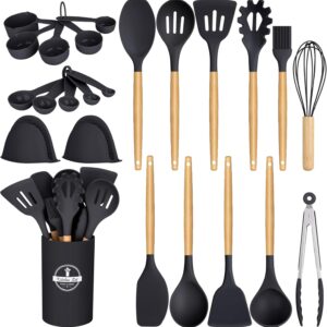 24 Pcs Kitchen Cooking Utensils Set,446°F Heat Resistant Non-Stick Silicone Kitchen Utensil Set With Wooden Handles and Holder,Kitchen Gadgets for Cookware,Kitchen Accessories,Black