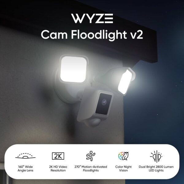 WYZE Floodlight Camera v2, 2800-Lumen LEDs, 2K HD Outdoor Security Camera, 160° Wide View, Motion Activated Light, 105dB Siren, Color Night Vision, Compatible with Alexa & Google Assistant, Wired - Image 3