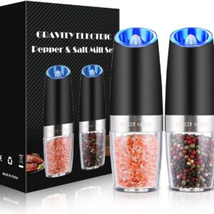 Sweet Alice Gravity Electric Pepper and Salt Grinder Set, Adjustable Coarseness, Battery Powered with LED Light, One Hand Automatic Operation, Stainless Steel Black, 2 Pack