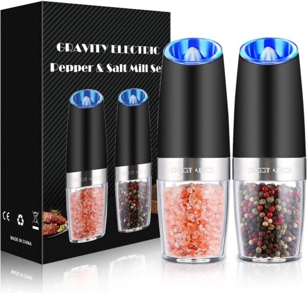 Sweet Alice Gravity Electric Pepper and Salt Grinder Set, Adjustable Coarseness, Battery Powered with LED Light, One Hand Automatic Operation, Stainless Steel Black, 2 Pack