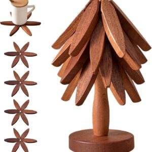 Wooden Trivets for Hot Dishes， Tree Shape Trivet Set,Trivets for Hot Dishes – 4 Wooden Trivets + 1 Stand stored Like a Christmas Tree (Walnut Wood)