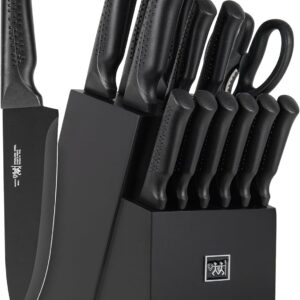 Knife Set, 15 Pcs Kitchen Knife Set with Block Self Sharpening, Dishwasher Safe, 6 Steak Knives, Anti-slip handle, Black