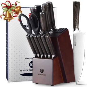 Kitchen Knife Set with Block, Food Grade 15 Pcs German Stainless Steel Professional Chef Knife Set with Knife Sharpener, Full Tang Knife Block Set, Christmas Kitchen Gifts for Women and Men