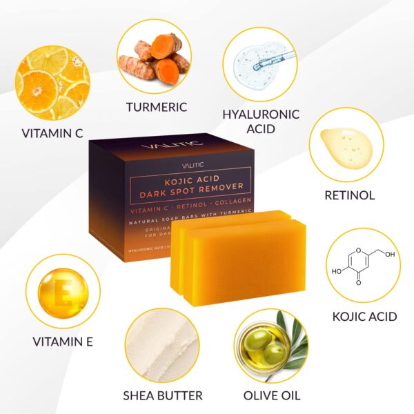 VALITIC Kojic Acid Dark Spot Remover Soap Bars with Vitamin C, Retinol, Collagen, Turmeric - Original Japanese Complex Infused with Hyaluronic Acid, Vitamin E, Shea Butter, Castile Olive Oil (2 Pack) - Image 6