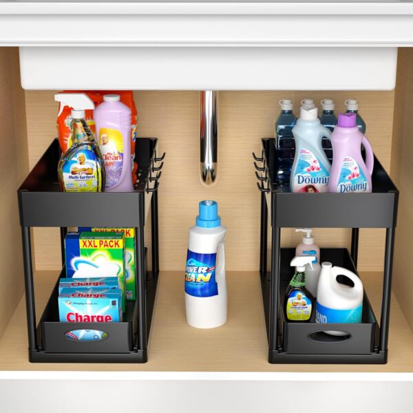 PUILUO Under Sliding Cabinet Basket Organizer, 2 Tier Under Sink Organizers Black Under Sink Storage for Bathroom Kitchen - Image 5