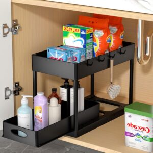 PUILUO Under Sliding Cabinet Basket Organizer, 2 Tier Under Sink Organizers Black Under Sink Storage for Bathroom Kitchen