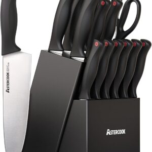 Astercook Knife Set, 15 Pieces Kitchen knives Set with Built-in Sharpener, High Carbon German Stainless Steel Chef Knife Block Sets, Sharp & Rust Resistant Dishwasher Safe, Black