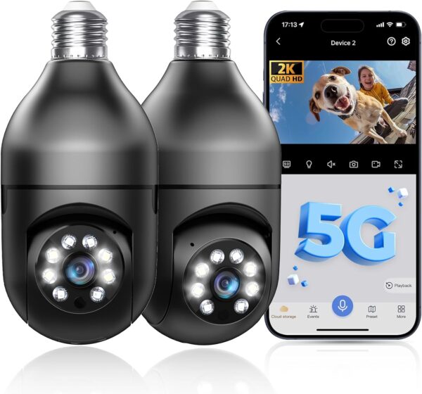 Light Bulb Security Camera 5G WiFi 2K Light Socket Security Cameras Wireless Outdoor EseeCloud, 360 Screw in Sight Bulb Motion Detection Siren Alarm Lightbulb Camera 2-Way Audio Color Night Vision - Image 2