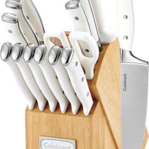 Cuisinart 15-Piece Knife Set with Block, High Carbon Stainless Steel, Forged Triple Rivet, White, C77WTR-15P