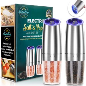 Electric Salt and Pepper Grinder set of 2, Automatic Salt and Pepper Mill Grinder, Adjustable Roughness, Battery Powered with Blue LED Light, Stainless Steel with One Hand Operation (Sliver)