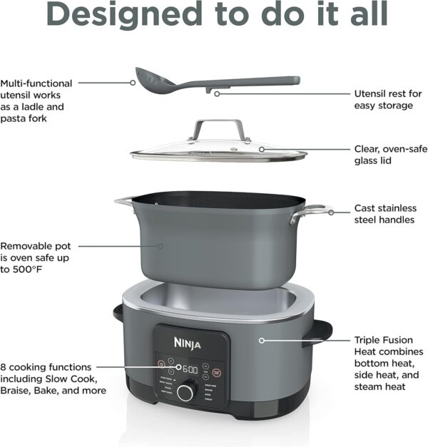 Ninja MC1001 Foodi PossibleCooker PRO 8.5 Quart Multi-Cooker, with 8-in-1 Slow Cooker, Dutch Oven, Steamer, Glass Lid Integrated Spoon, Nonstick, Oven Safe Pot to 500°F, Sea Salt Gray - Image 6