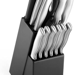 Farberware 15-Piece High-Carbon Stamped Stainless Steel Kitchen Knife Set with Wood Block, Steak Knives, Razor-Sharp, Black, Ultra-Sharp Blades, Ergonomic Comfort Grip