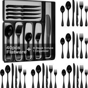 49-Piece Black Silverware Set with Drawer Organizer, Stainless Steel Cutlery for 8 with Matte Steak Knives, Forks, Spoons – Dishwasher Safe