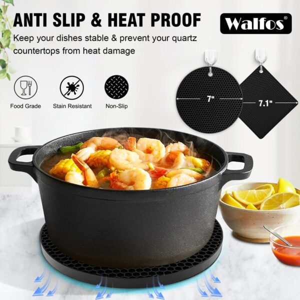 Walfos Silicone Trivet Mats - 4 Heat Resistant Pot Holders, Multipurpose Non-Slip Hot Pads for Kitchen Potholders, Hot Dishers, Jar Opener, Spoon Holder, Food Grade Silicone & BPA Free (Black) - Image 6