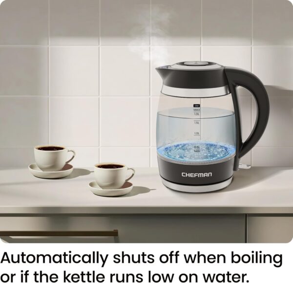 Chefman Electric Kettle, 1.8L 1500W, Hot Water Boiler, Removable Lid for Easy Cleaning, Auto Shut Off, Boil-Dry Protection, Stainless Steel Filter, BPA Free, Borosilicate Glass Electric Tea Kettle - Image 7