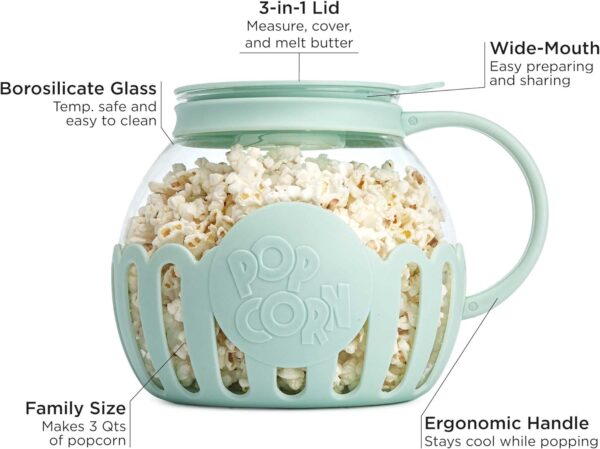 Ecolution Patented Micro-Pop Microwave Popcorn Popper with Temperature Safe Glass, 3-in-1 Lid Measures Kernels and Melts Butter, Made Without BPA, Dishwasher Safe, 3-Quart, Aqua - Image 4