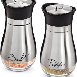 Stainless Steel Salt and Pepper Shaker Set with Glass Bottom, Perforated “S” and “P” Caps – Modern Kitchen Counter Decor (4oz)