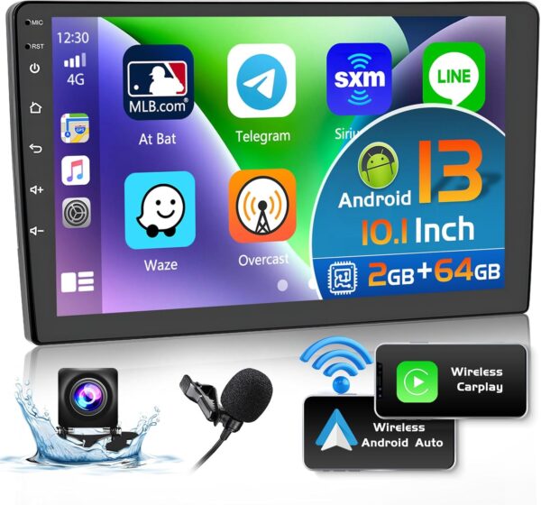 Hikity 2+64GB Double Din Android 13 Car Stereo Wireless Apple Carplay Android Auto, 10.1 inch Touchscreen Car Radio GPS Navigation WiFi Backup Camera Bluetooth HiFi FM SWC Mic - Image 2